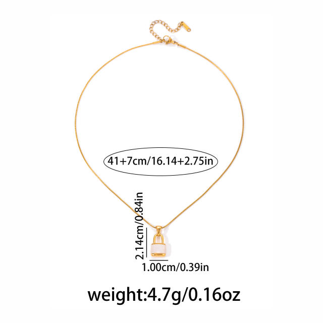 Easy match white shell inlaid heart padlock pendant stainless steel necklace
