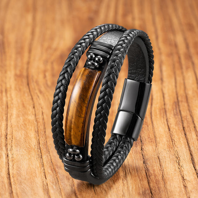 Hot Selling Geometric Tiger Eye Stone Bracelet for Men Multi-Layer Leather Rope Bracelet Stone Bracelet Magnet Buckle Bracelet