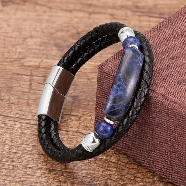 Vintage stainless steel magnet buckle leather double woven bracelet fashion Men's stone bracelet jewelry