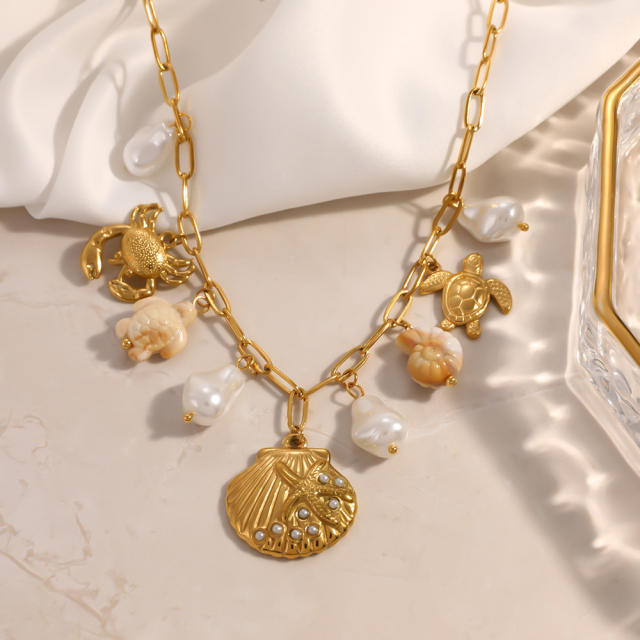 Summer baroque pearl shell conch charm necklace stainless steel necklace