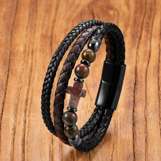 Hot-Selling Punk Style Men's Bracelet Personalized Multi-Layer Braided Leather Bracelet Men's Stone Bracelet