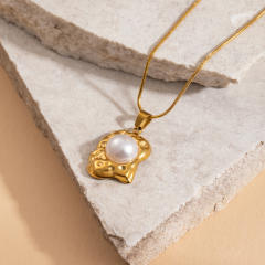 Hammer pendant with pearl inlaid stainless steel necklace