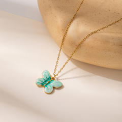 Color enamel butterfly pendant stainless steel necklace