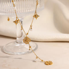 Stainless Steel Necklace for Women Non-Fading Eight-Pointed Star Flower Pearl necklace
