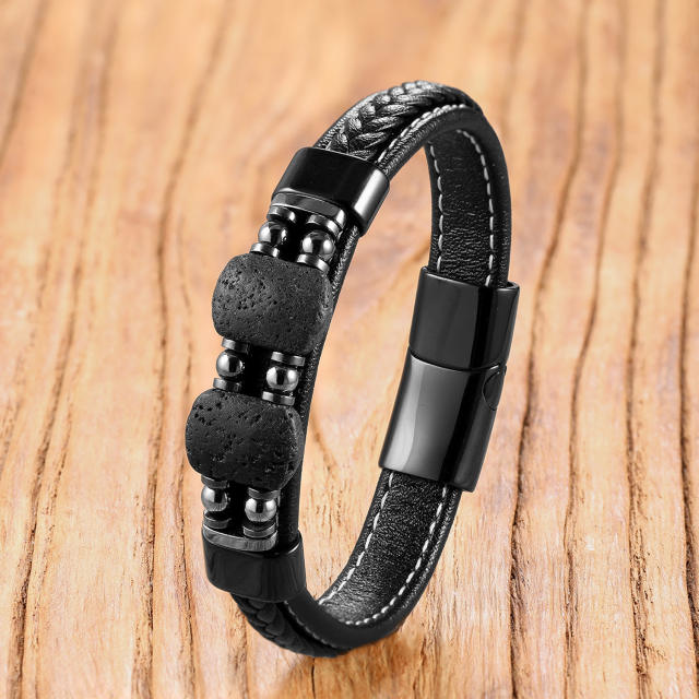 Geometric stone bracelet with stainless steel magnetic clasp and woven leather cord