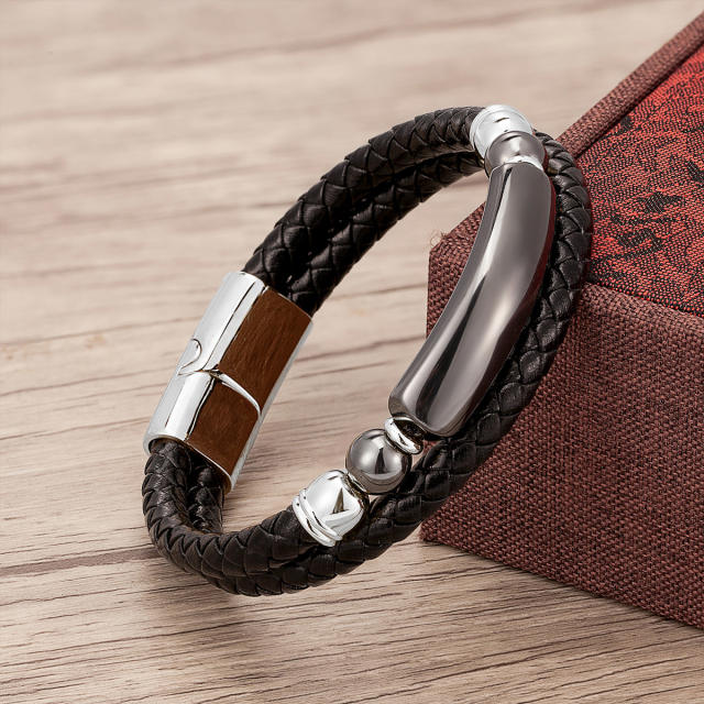 Vintage stainless steel magnet buckle leather double woven bracelet fashion Men's stone bracelet jewelry
