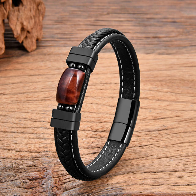 Vintage tiger eye stone leather rope stainless steel buckle bracelet for men