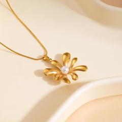 Sweet pearl flower pendant stainless steel necklace