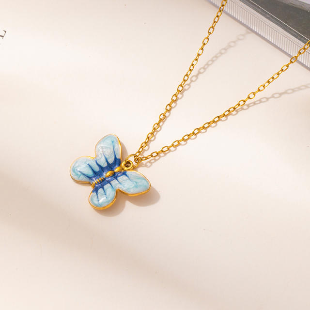 Color enamel butterfly pendant stainless steel necklace