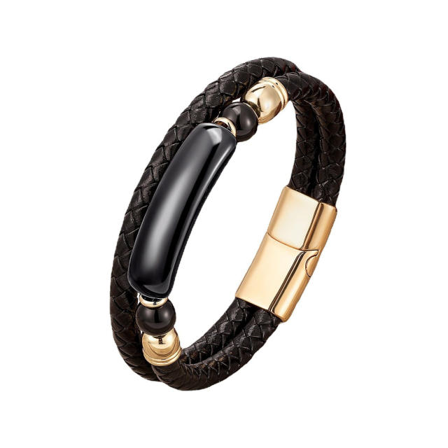Vintage stainless steel magnet buckle leather double woven bracelet fashion Men's stone bracelet jewelry