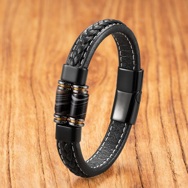 Exclusive Geometric Stone Bracelet for Men Stainless Steel Magnetic Buckle Braided Leather Rope Bracelet Jewelry