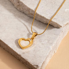 Easy match white shell inlaid heart padlock pendant stainless steel necklace