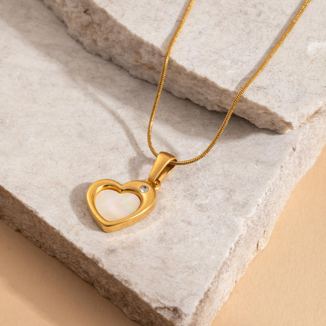 Easy match white shell inlaid heart padlock pendant stainless steel necklace