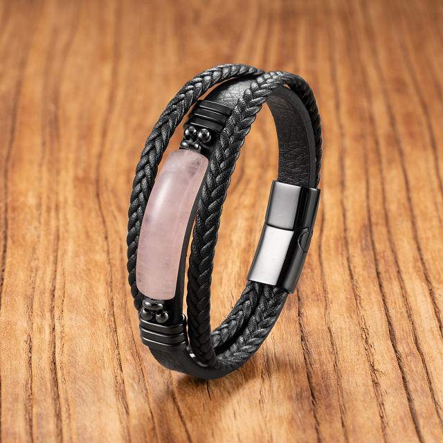 Hot Selling Geometric Tiger Eye Stone Bracelet for Men Multi-Layer Leather Rope Bracelet Stone Bracelet Magnet Buckle Bracelet