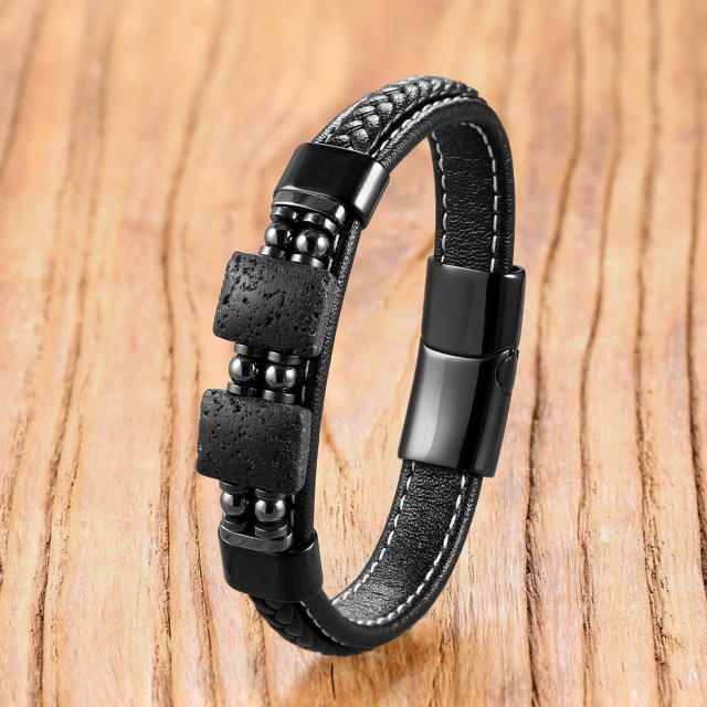 Geometric stone bracelet with stainless steel magnetic clasp and woven leather cord