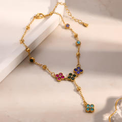 Stainless Steel Anklet with Inlaid Colored Diamonds Four-Leaf Clover anklet