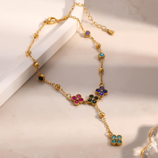 Stainless Steel Anklet with Inlaid Colored Diamonds Four-Leaf Clover anklet