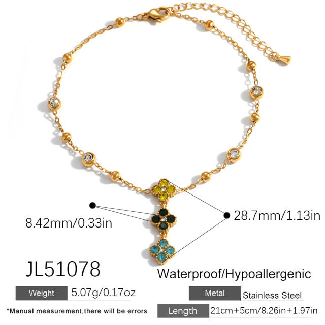 Stainless Steel Anklet with Diamonds Four-Leaf Clover