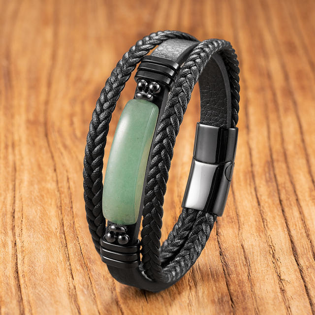 Hot Selling Geometric Tiger Eye Stone Bracelet for Men Multi-Layer Leather Rope Bracelet Stone Bracelet Magnet Buckle Bracelet