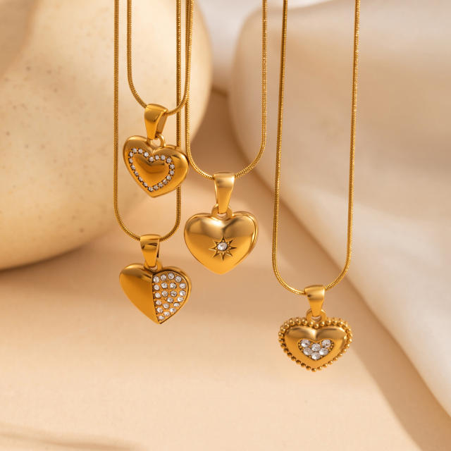Delicate rhinestone heart pendant stainless steel necklace