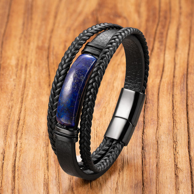 Hot-Selling Stone Bracelet Men's Multi-Layer Hand-Woven Leather Rope Bracelet Magnetic Buckle Bracelet Personalized Jewelry