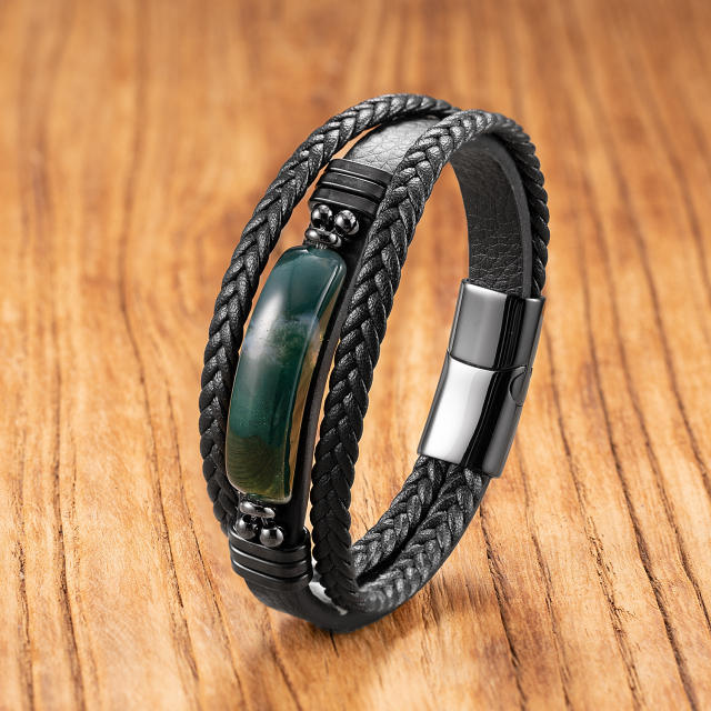 Hot Selling Geometric Tiger Eye Stone Bracelet for Men Multi-Layer Leather Rope Bracelet Stone Bracelet Magnet Buckle Bracelet