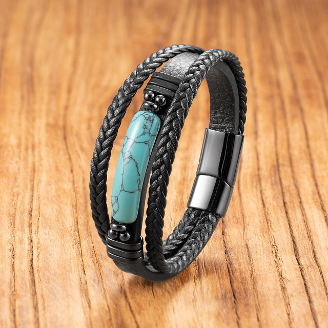 Hot Selling Geometric Tiger Eye Stone Bracelet for Men Multi-Layer Leather Rope Bracelet Stone Bracelet Magnet Buckle Bracelet
