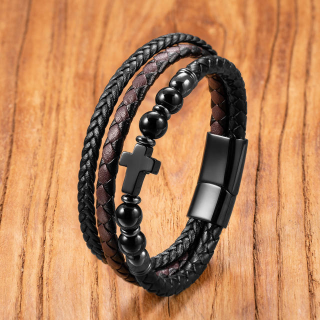 Hot-Selling Punk Style Men's Bracelet Personalized Multi-Layer Braided Leather Bracelet Men's Stone Bracelet