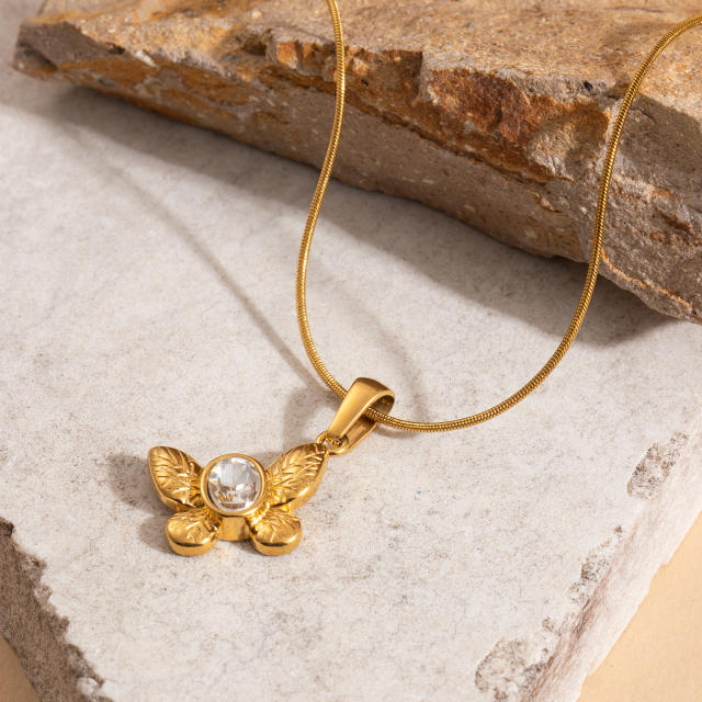 Colorful crystal inlaid butterfly pendnat stainless steel necklace