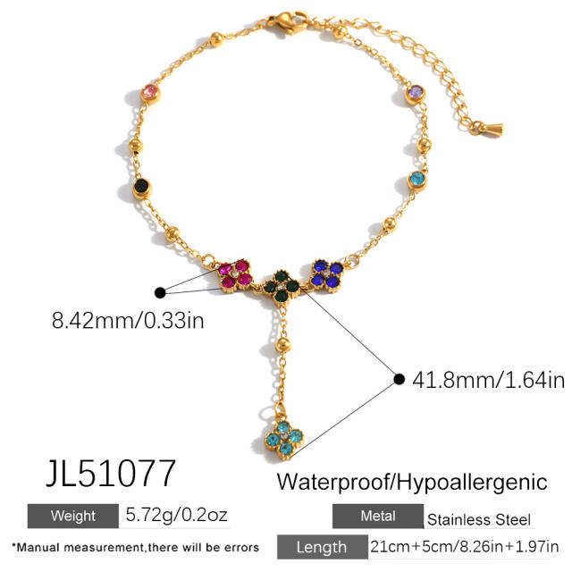 Stainless Steel Anklet with Inlaid Colored Diamonds Four-Leaf Clover anklet
