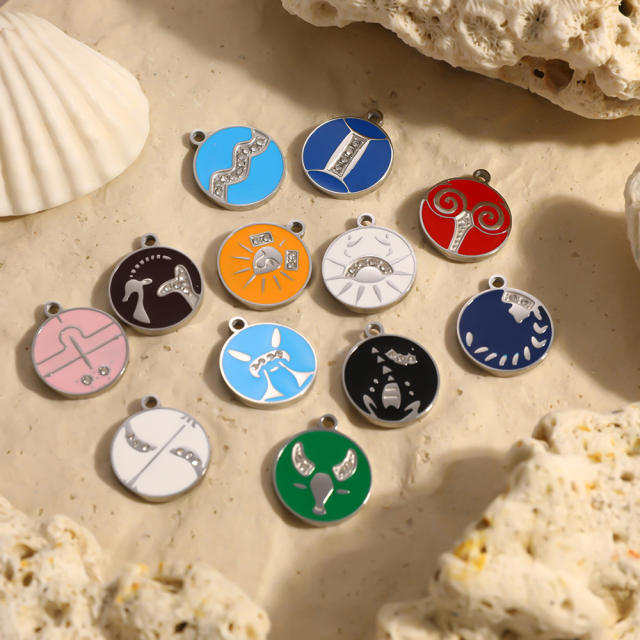 Color enamel round shape zodiac charm stainless steel charm for jewelry making