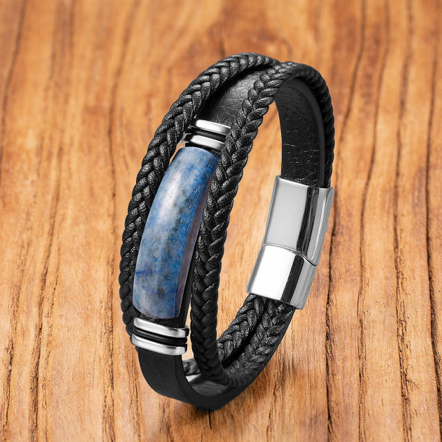 Hot-Selling Stone Bracelet Men's Multi-Layer Hand-Woven Leather Rope Bracelet Magnetic Buckle Bracelet Personalized Jewelry