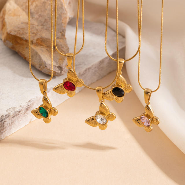 Colorful crystal inlaid butterfly pendnat stainless steel necklace