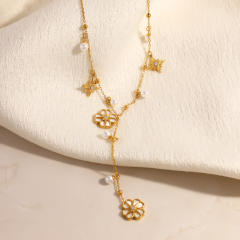 Stainless Steel Necklace for Women Non-Fading Eight-Pointed Star Flower Pearl necklace