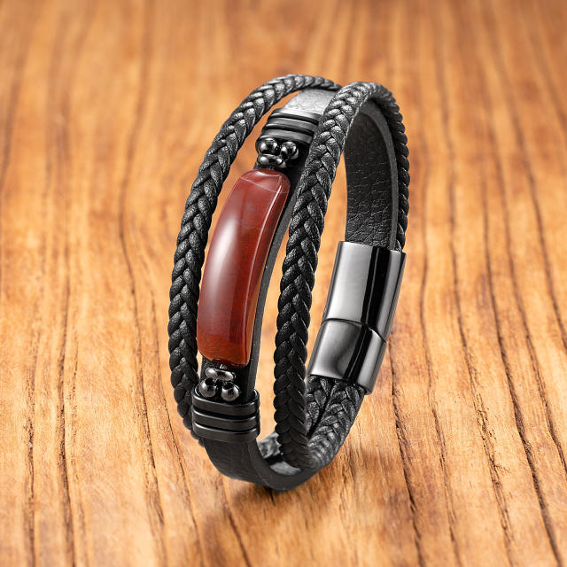 Hot Selling Geometric Tiger Eye Stone Bracelet for Men Multi-Layer Leather Rope Bracelet Stone Bracelet Magnet Buckle Bracelet