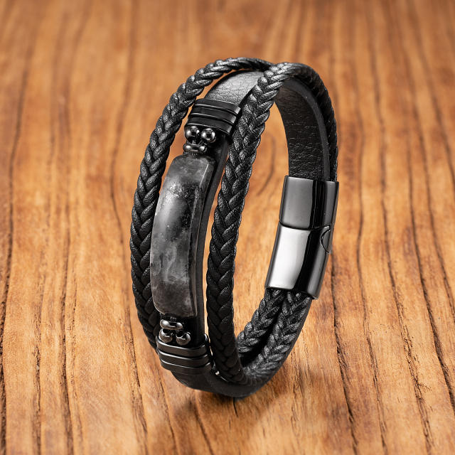 Hot Selling Geometric Tiger Eye Stone Bracelet for Men Multi-Layer Leather Rope Bracelet Stone Bracelet Magnet Buckle Bracelet