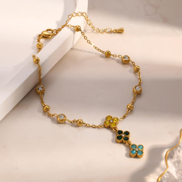 Stainless Steel Anklet with Diamonds Four-Leaf Clover
