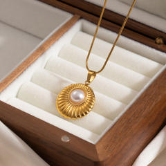 Vintage pearl inlaid geometric pendant stainless steel necklace