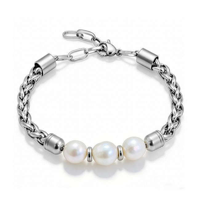 Light Luxury Freshwater Black Pearl Woven Stainless Steel Bracelet for Men Women