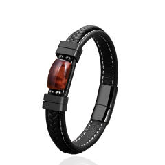 Vintage tiger eye stone leather rope stainless steel buckle bracelet for men