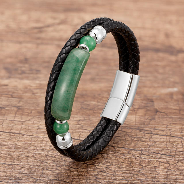 Vintage stainless steel magnet buckle leather double woven bracelet fashion Men's stone bracelet jewelry