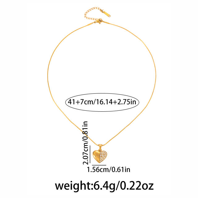 Delicate rhinestone heart pendant stainless steel necklace