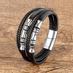 Vintage woven leather bracelet men's stainless steel magnet buckle bracelet