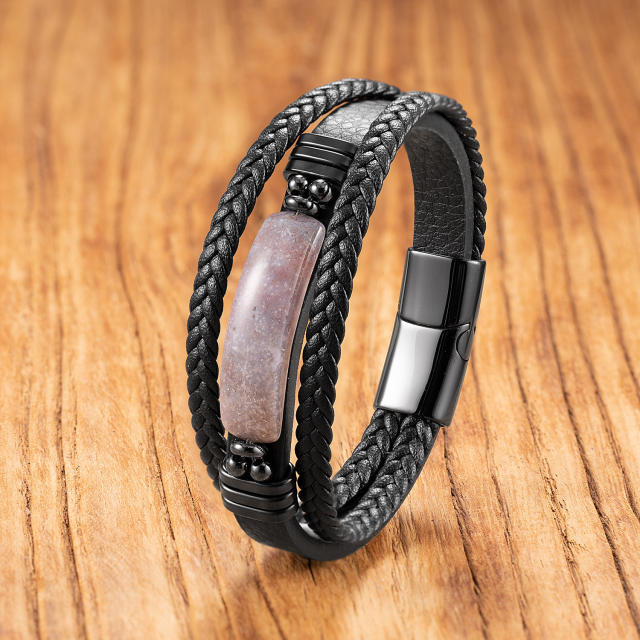 Hot Selling Geometric Tiger Eye Stone Bracelet for Men Multi-Layer Leather Rope Bracelet Stone Bracelet Magnet Buckle Bracelet