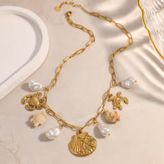 Summer baroque pearl shell conch charm necklace stainless steel necklace