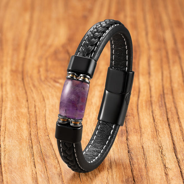 Natural stone handmade woven leather rope stainless steel Magnetic buckle bracelet for men