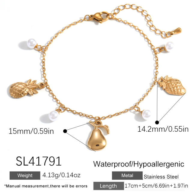 Sweet gold color fruit charm pearl charm stainless steel bracelet