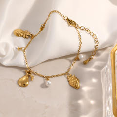 Sweet gold color fruit charm pearl charm stainless steel bracelet