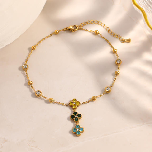 Stainless Steel Anklet with Diamonds Four-Leaf Clover