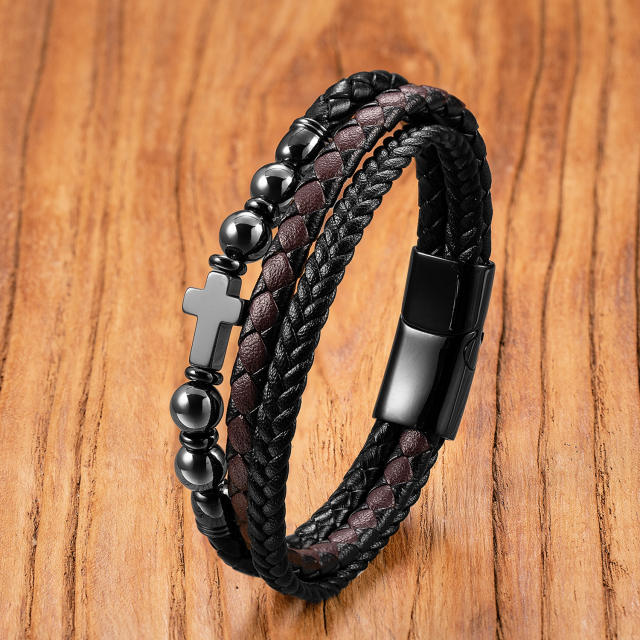 Hot-Selling Punk Style Men's Bracelet Personalized Multi-Layer Braided Leather Bracelet Men's Stone Bracelet